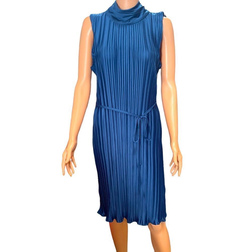 DKNY Deep Sea All Around Pleat Ribbon Back Neck Belted Dress Size 12 NWT